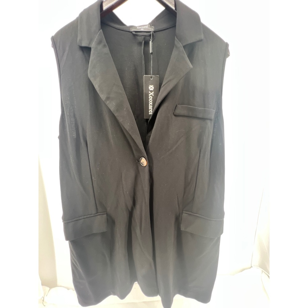 Xeoxarel Black Sleeveless Blazer Vest Button Pocket Lapel Collar Women XXL